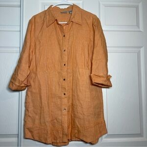 Chico’s 100% Linen 3/4 Sleeve Button Up Shirt Dusty Orange L Beach Resortware